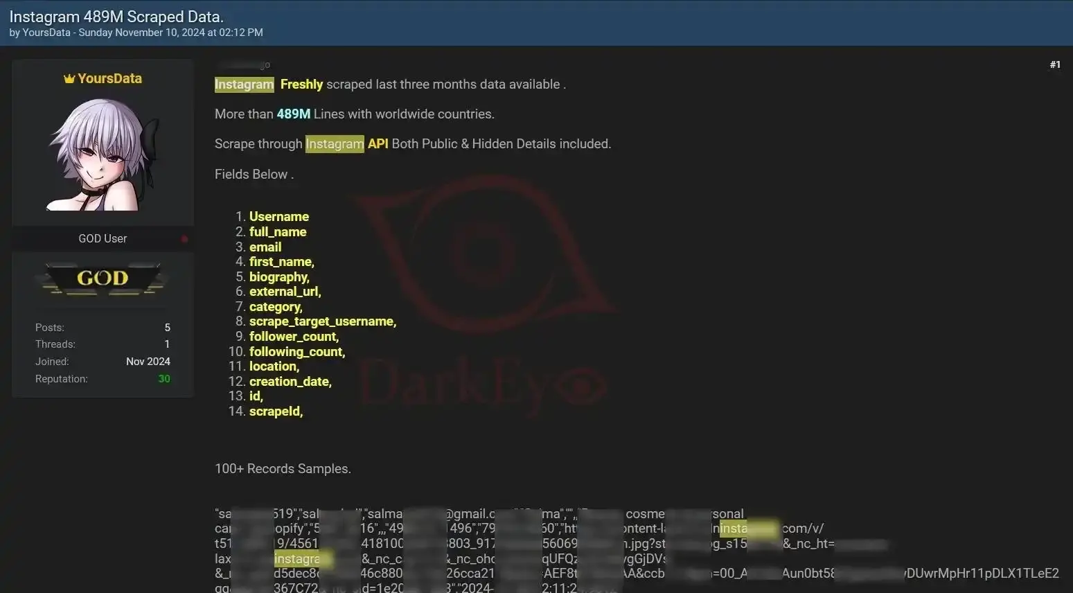 Article details a data breach affecting 17.5 million Instagram users whose personal information now appears on dark web forums, including names, emails, phone numbers, and location data. (image 2 of 3)