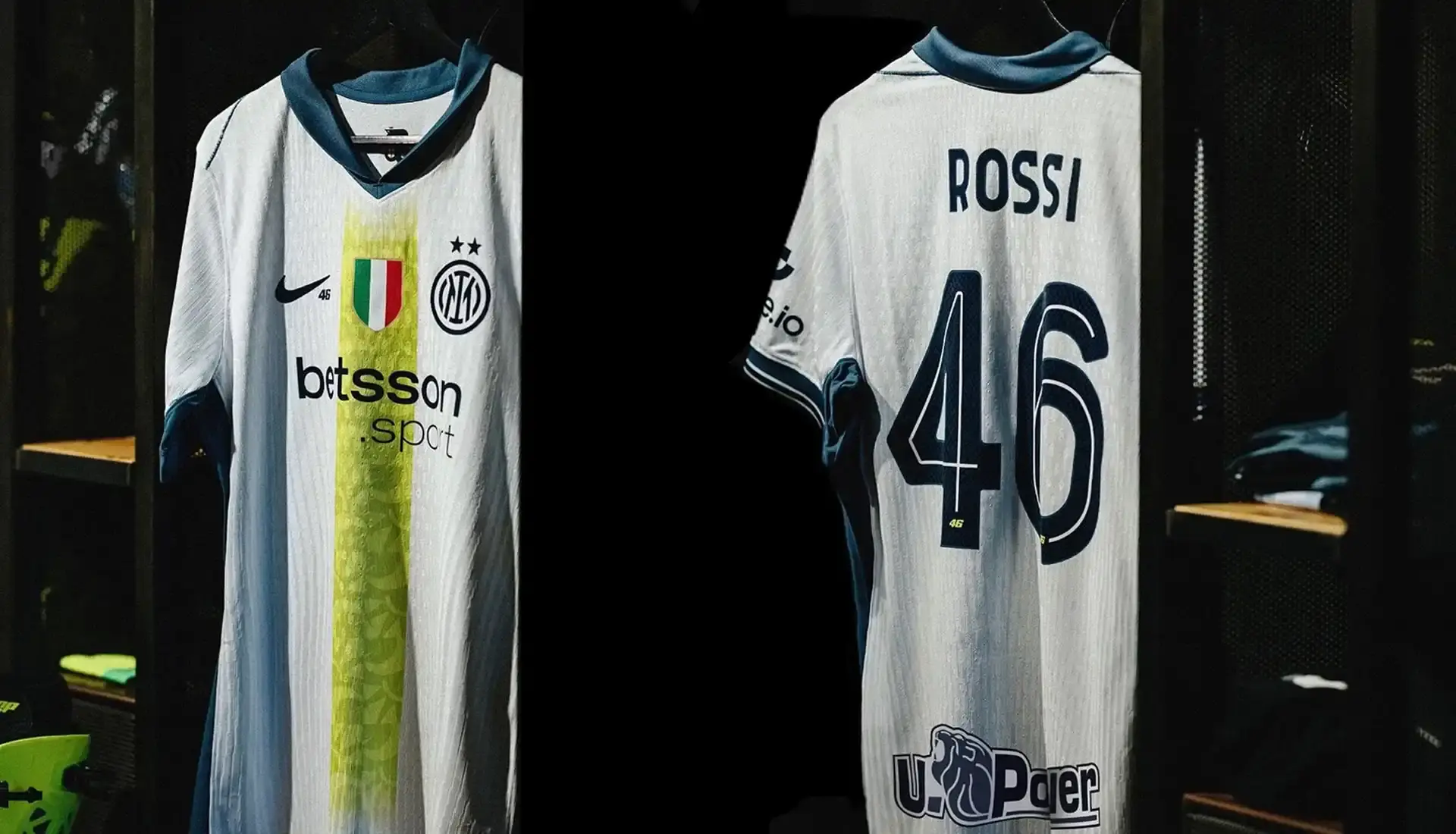 VALENTINO ROSSI INSPIRES INTER'S SPECIAL NIKE AWAY SHIRT photo of special edition Inter Milan away kit created in collaboration with MotoGP champion Valentino Rossi and Nike. The jersey incorporates Rossi's famous Sun and Moon symbols and his racing number 46. The kit will debut during Inter's match against Cagliari on April 12, 2025. The article includes quotes from Rossi expressing his excitement about the collaboration between his two passions: motorcycle racing and football. Information on how to purchase the limited edition shirt is provided at the end. (image 8 of 9)