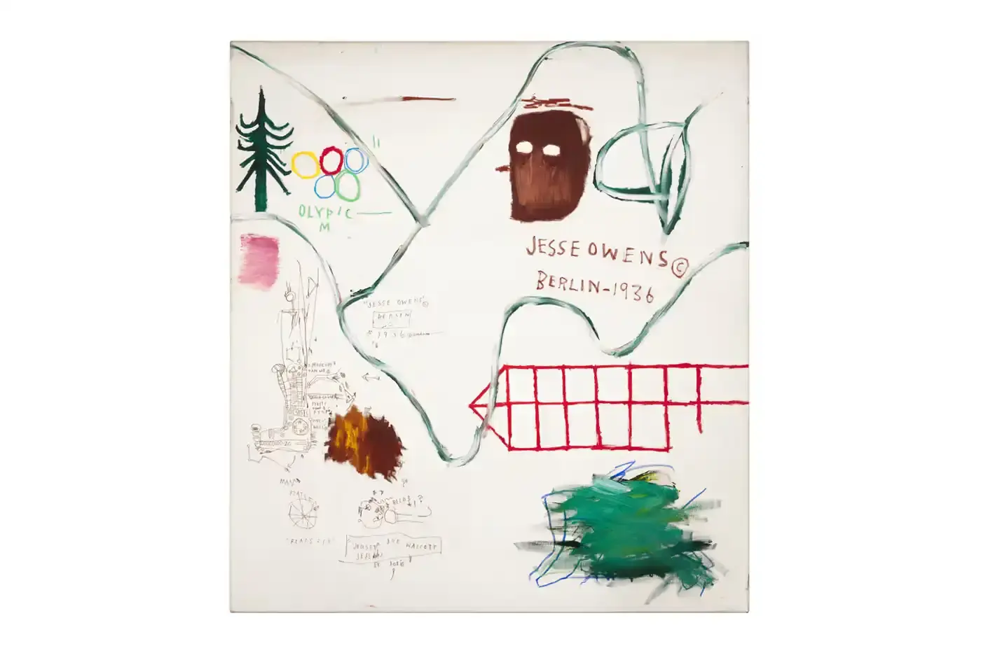 © Estate Of Jean-Michel Basquiat. Licensed by Artestar, New York. Nine-canvas artwork by Basquiat depicting figures and text that blend African Diaspora imagery with Swiss cultural references (image 3 of 5)