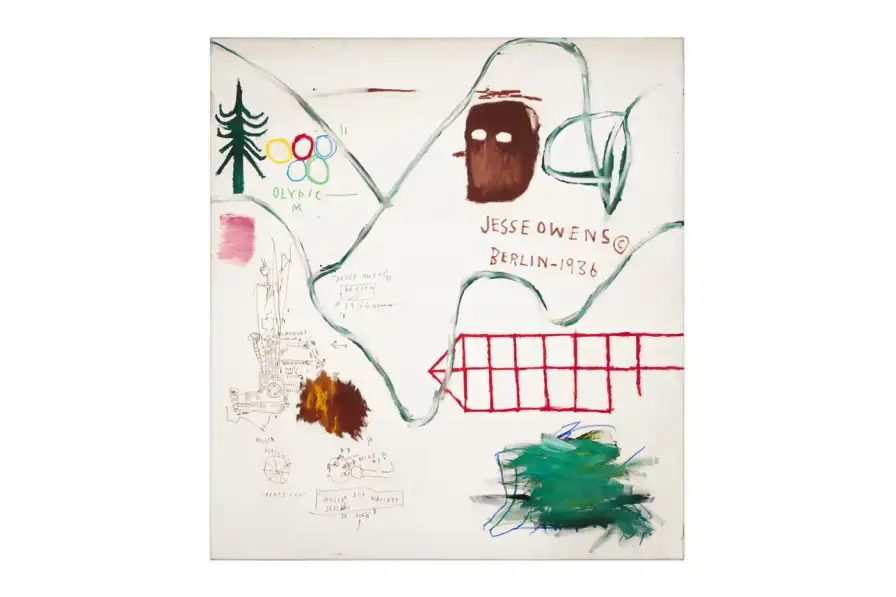 © Estate Of Jean-Michel Basquiat. Licensed by Artestar, New York. Nine-canvas artwork by Basquiat depicting figures and text that blend African Diaspora imagery with Swiss cultural references (image 3 of 5)