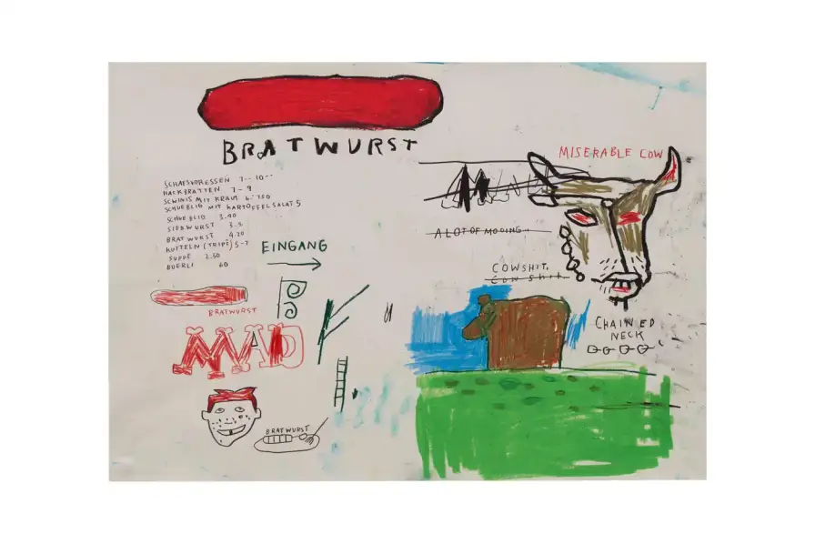 © Estate Of Jean-Michel Basquiat. Licensed by Artestar, New York. Nine-canvas artwork by Basquiat depicting figures and text that blend African Diaspora imagery with Swiss cultural references (image 2 of 5)