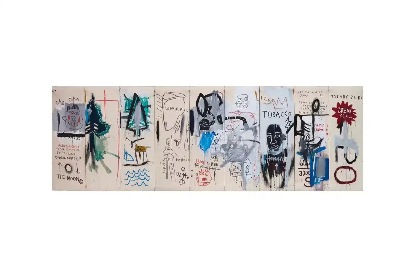© Estate Of Jean-Michel Basquiat. Licensed by Artestar, New York. Nine-canvas artwork by Basquiat depicting figures and text that blend African Diaspora imagery with Swiss cultural references (image 5 of 5)