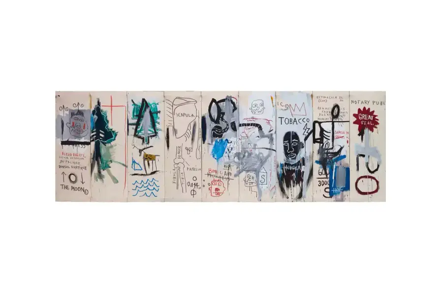 © Estate Of Jean-Michel Basquiat. Licensed by Artestar, New York. Nine-canvas artwork by Basquiat depicting figures and text that blend African Diaspora imagery with Swiss cultural references (image 5 of 5)