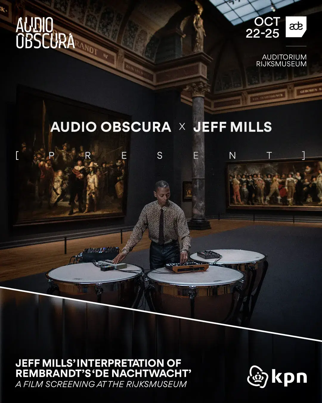 A short film shows techno artist Jeff Mills and dancer Sophie Boursier responding to Rembrandt's De Nachtwacht in the Gallery of Honour at the Rijksmuseum in Amsterdam. Public screenings run from 22 to 25 October 2026 in the museum auditorium.