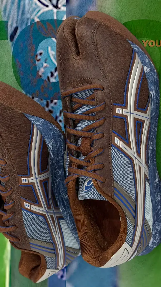 KIKO KOSTADINOV ASICS LYASA FF II PAIRS BROGUE AND TRAIL image about the Kiko Kostadinov and ASICS LYASA FF II tabi shoe, covering the brogue and trail design, colourways, release details and price. (image 2 of 5)