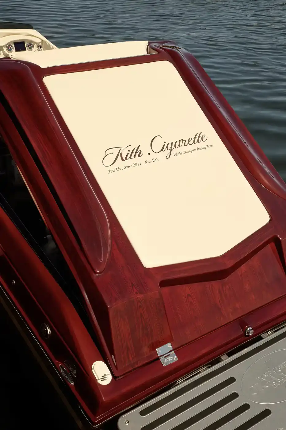 KITH PARTNERS WITH CIGARETTE RACING, BRINGING LUXURY TO WATERS image about the collaboration between fashion brand Kith and boat manufacturer Cigarette Racing. It describes three custom luxury powerboats (the 515, 42' X, and 42' Auroris) with unique design features including custom paint jobs, branded interiors, and integrated technology systems. The article mentions the boats will be available made-to-order beginning May 16 with prices starting at $1.6 million, and that Kith has also created an accompanying apparel collection. (image 6 of 20)