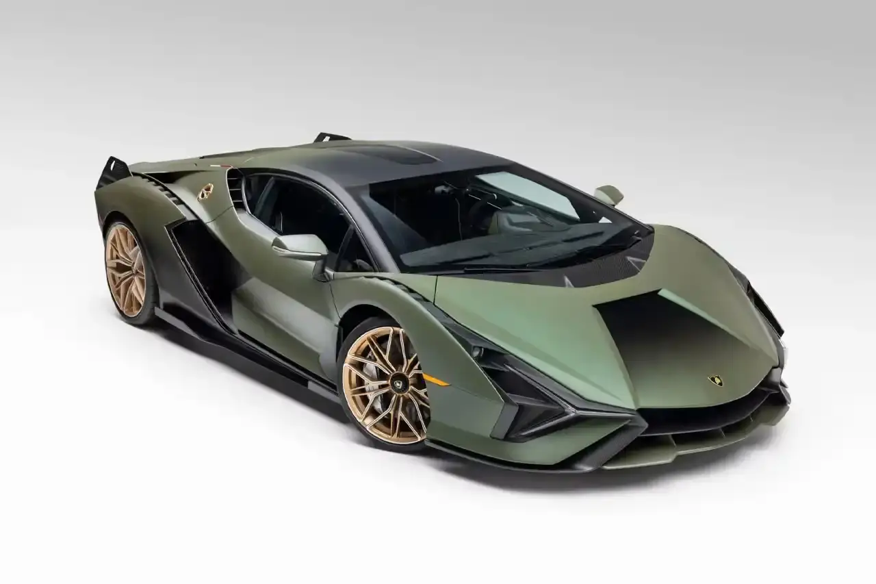 Bring A Trailer Verde Triton 2021 Lamborghini Sián FKP 37 hybrid supercar with gold wheels photographed in profile view showing its aerodynamic design. (image 3 of 9)