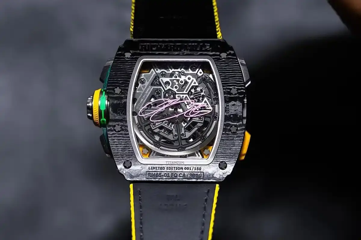 LEBRON JAMES UNVEILED RICHARD MILLE LAKERS WATCH image reports on a luxury watch collaboration between basketball player LeBron James and Swiss manufacturer Richard Mille. The timepiece incorporates Los Angeles Lakers team colors including yellow, purple, and green elements throughout its design. Key details include the $450,000 price point, production limitation of 150 units, and specific material choices like Quartz TPT construction. The watch features James' personal signature and logo placement as design elements. The article provides technical specifications about the watch's construction, materials, and distribution through authorized dealers. (image 2 of 2)