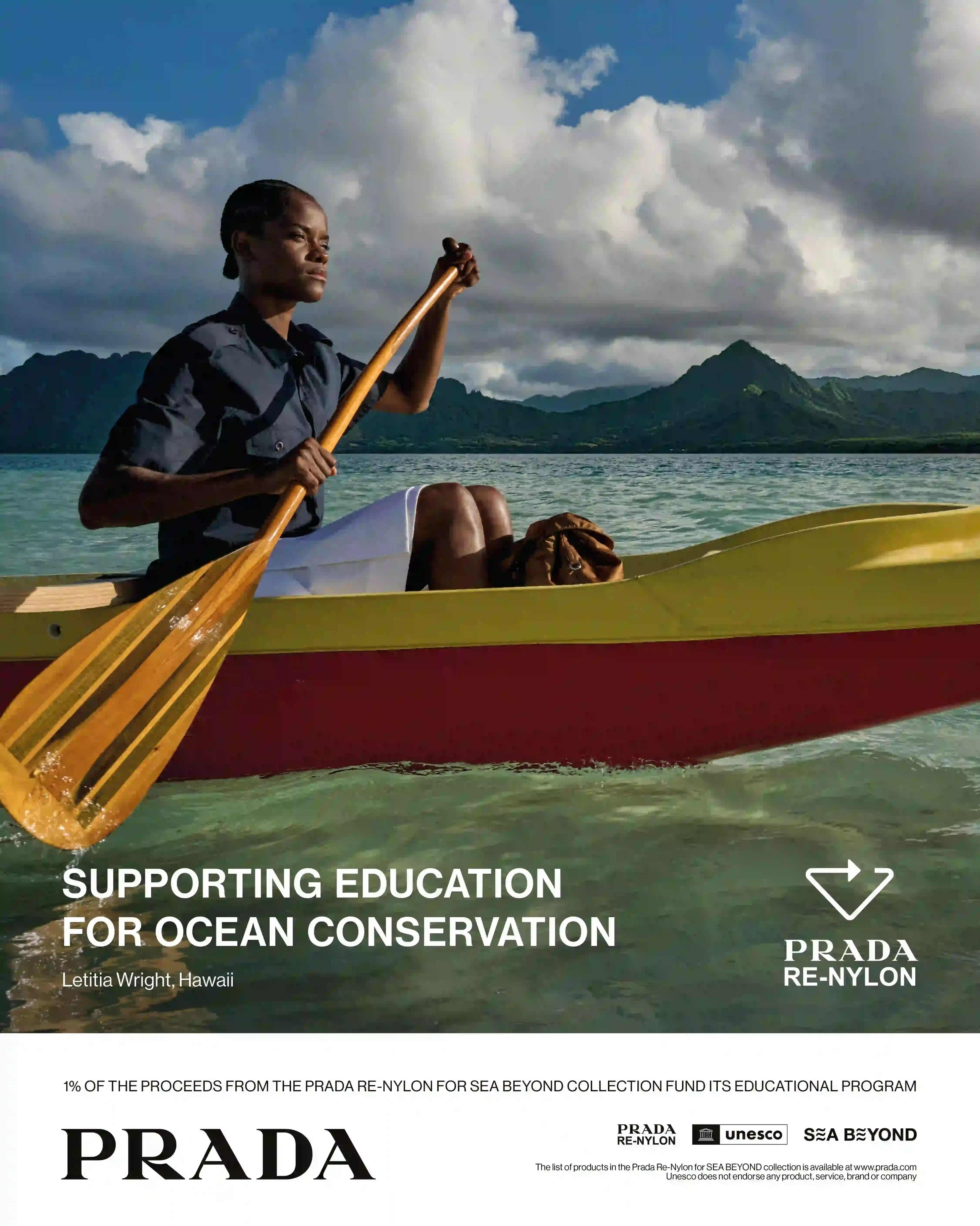 LETITIA WRIGHT AND PRADA EXPLORE OCEAN CONSERVATION IN HAWAII An image detailing the Prada Re-Nylon 2026 documentary episode featuring Letitia Wright in Hawaii, focusing on ocean conservation efforts and the SEA BEYOND educational program. (image 2 of 2)