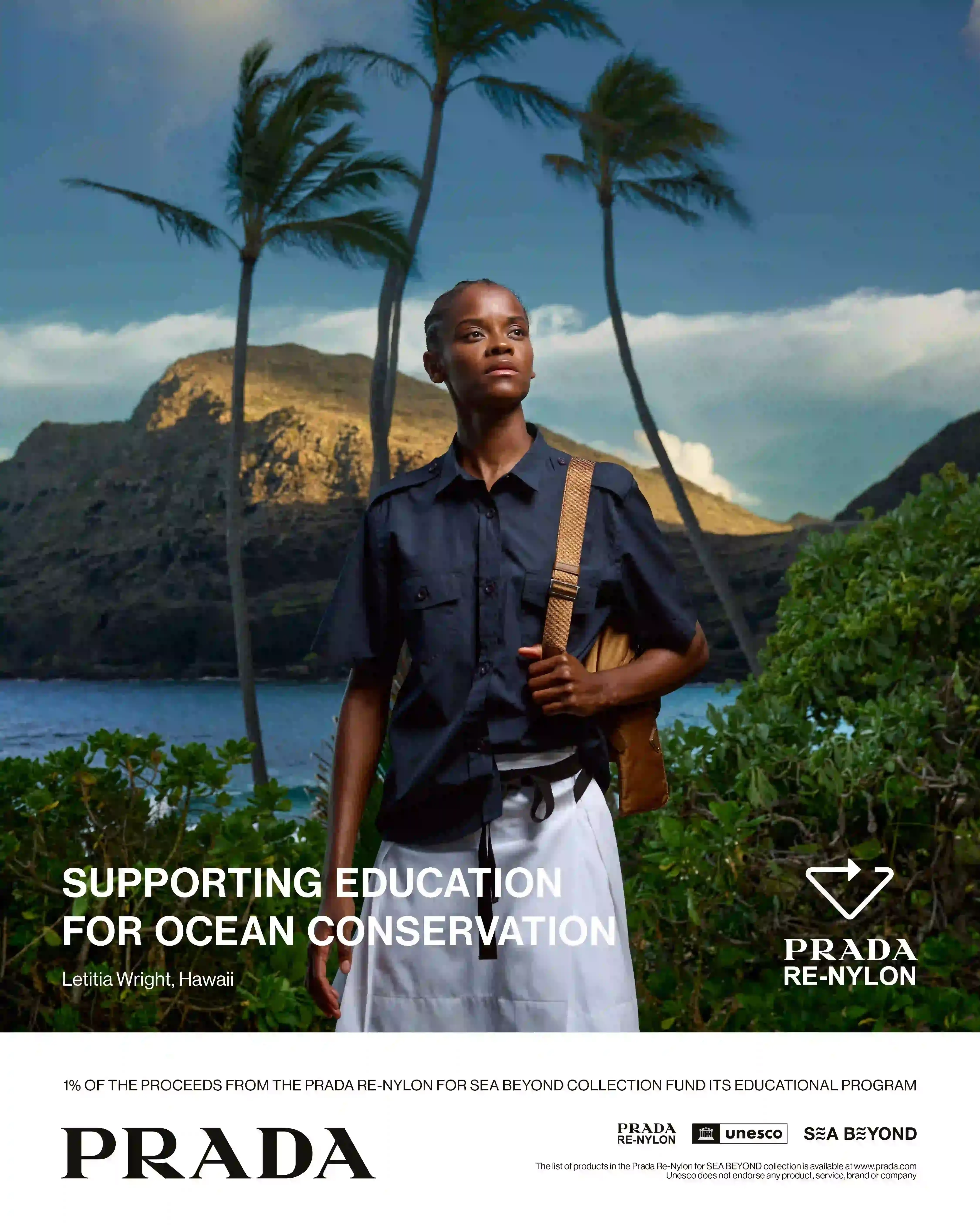 LETITIA WRIGHT AND PRADA EXPLORE OCEAN CONSERVATION IN HAWAII An image detailing the Prada Re-Nylon 2026 documentary episode featuring Letitia Wright in Hawaii, focusing on ocean conservation efforts and the SEA BEYOND educational program.