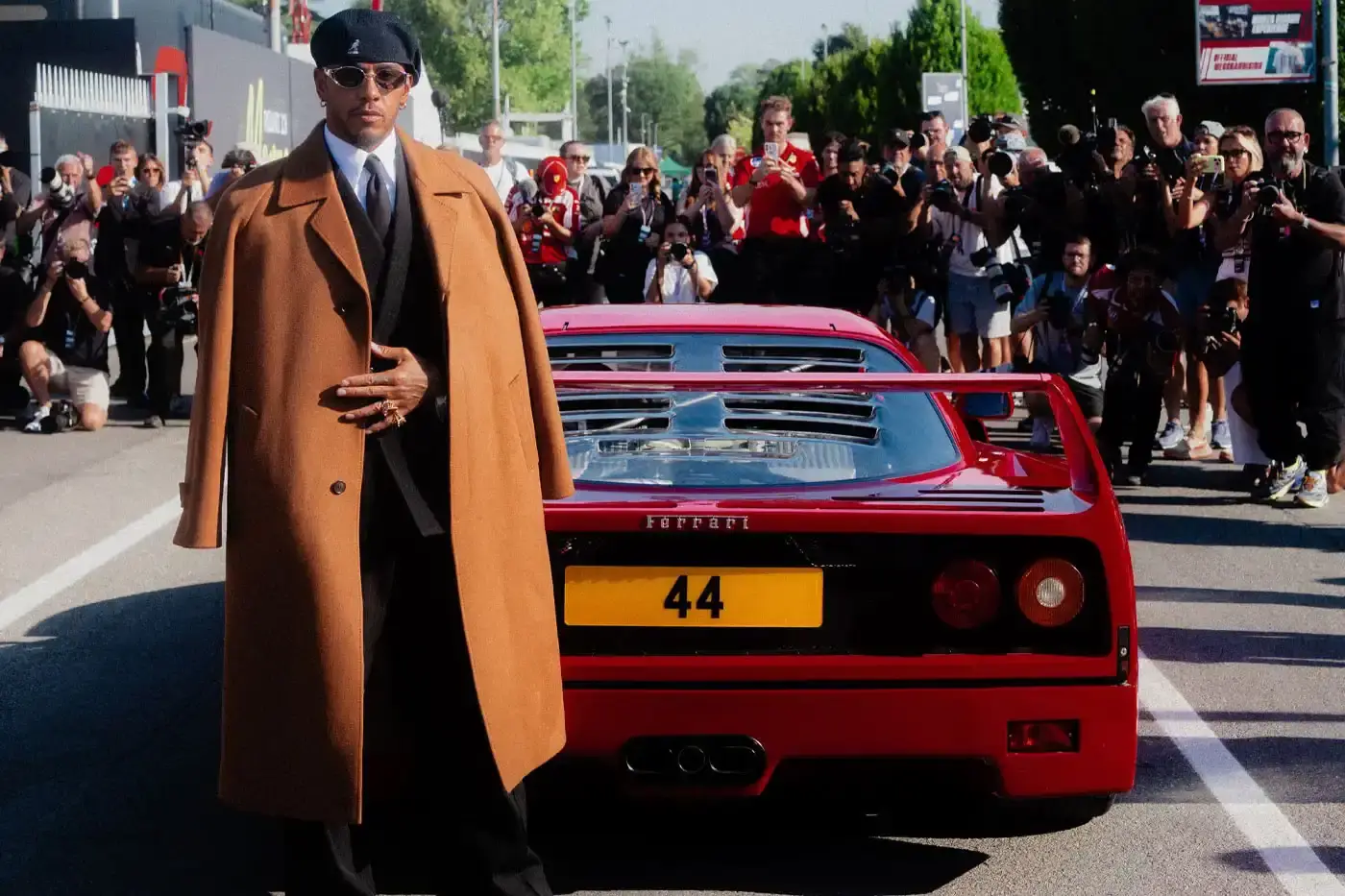 LEWIS HAMILTON DRIVES FERRARI F40 TO MONZA image of Lewis Hamilton arriving at the Monza circuit in a rare Ferrari F40 with engine number 44. (image 4 of 5)