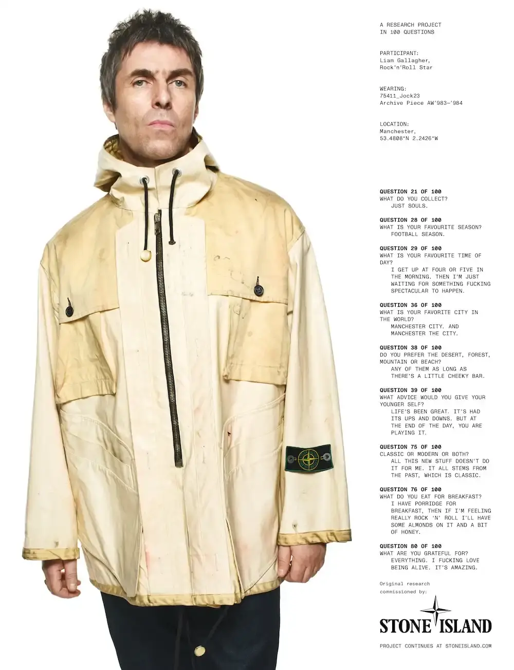 Liam Gallagher, rock icon and former Oasis frontman, wearing Stone Island's innovative J-23 jacket for Fall/Winter 2024 campaign. Image shows Gallagher against white backdrop, highlighting the jacket's unique design and PVC-coated canvas material. Part of Stone Island's "Community as a form of research" project featuring diverse cultural icons.