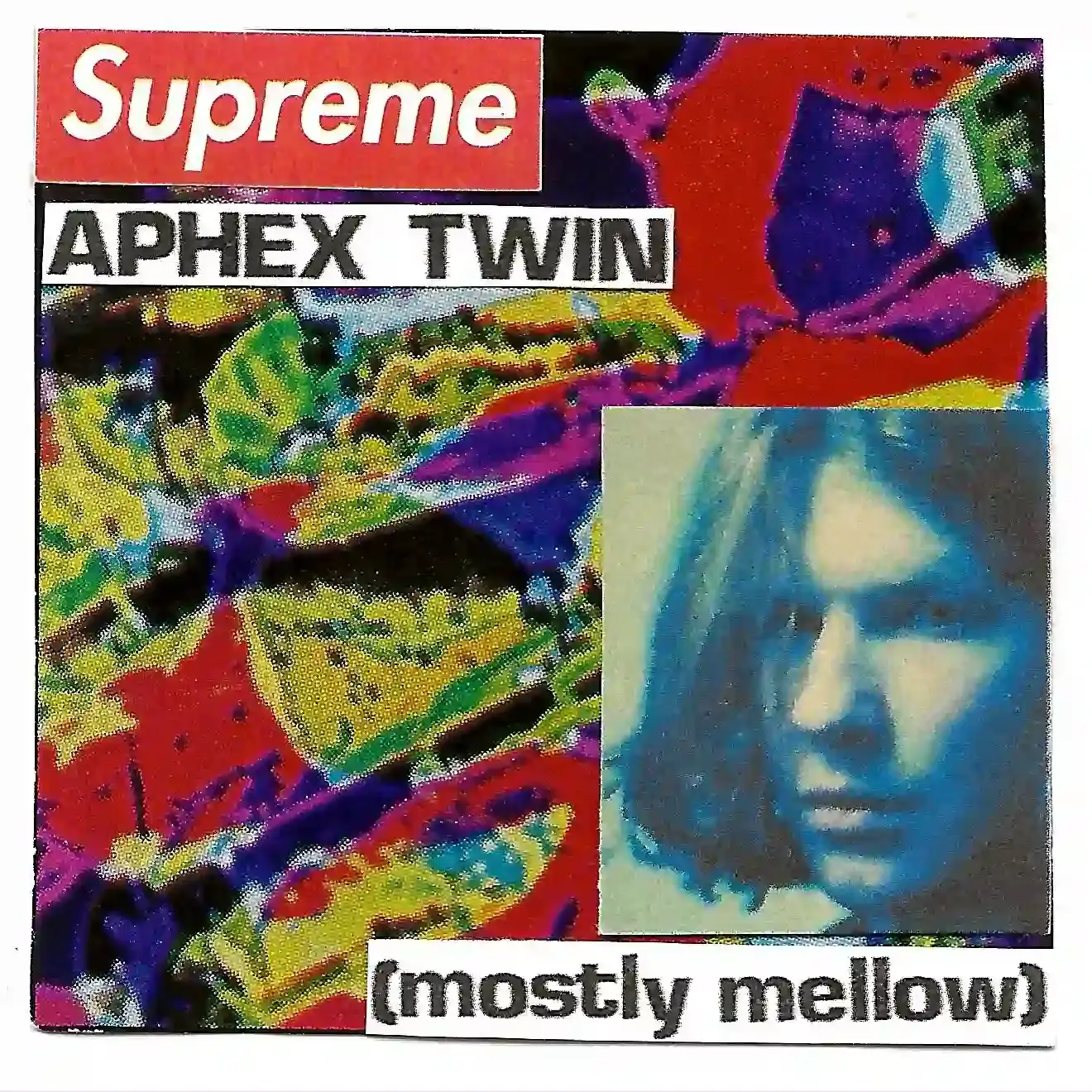 Aphex Twin's playlist and Supreme collaboration featuring clothing items with designs inspired by the electronic musician's visual aesthetics and iconic grimacing smile logo.