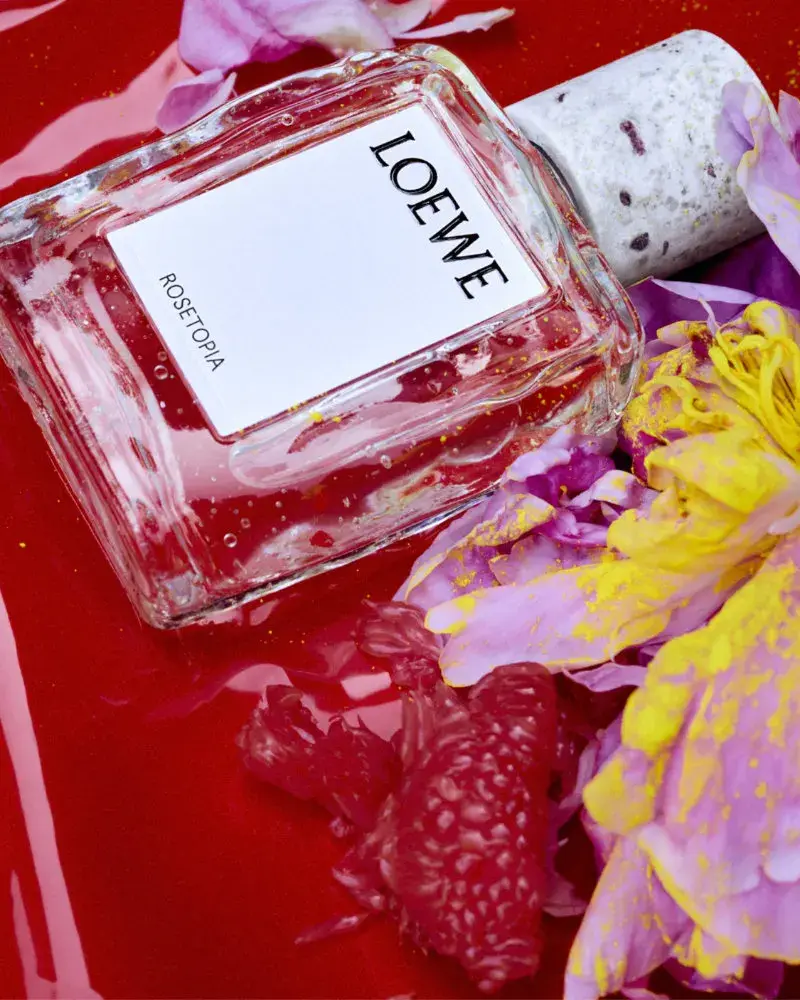LOEWE PERFUMES EXPANDS CRAFTED COLLECTION Image series showing still-life perfume bottles with granite caps alongside raw botanical ingredients, pigment powders, and fresh citrus slices. (image 6 of 10)