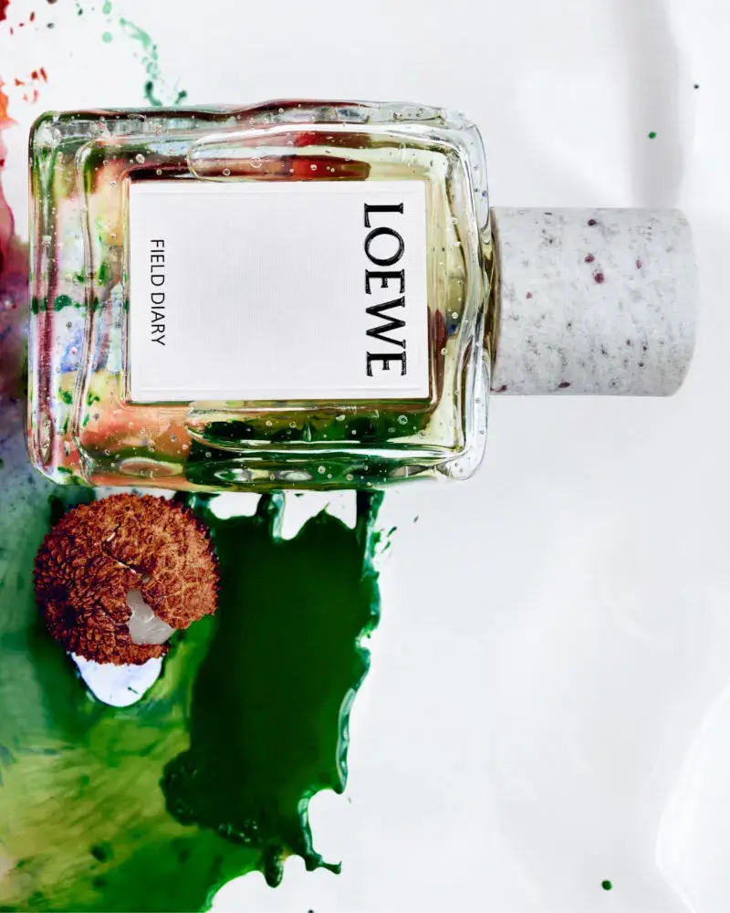 LOEWE PERFUMES EXPANDS CRAFTED COLLECTION Image series showing still-life perfume bottles with granite caps alongside raw botanical ingredients, pigment powders, and fresh citrus slices. (image 2 of 10)