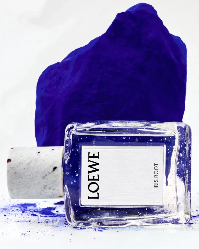 LOEWE PERFUMES EXPANDS CRAFTED COLLECTION Image series showing still-life perfume bottles with granite caps alongside raw botanical ingredients, pigment powders, and fresh citrus slices. (image 3 of 10)