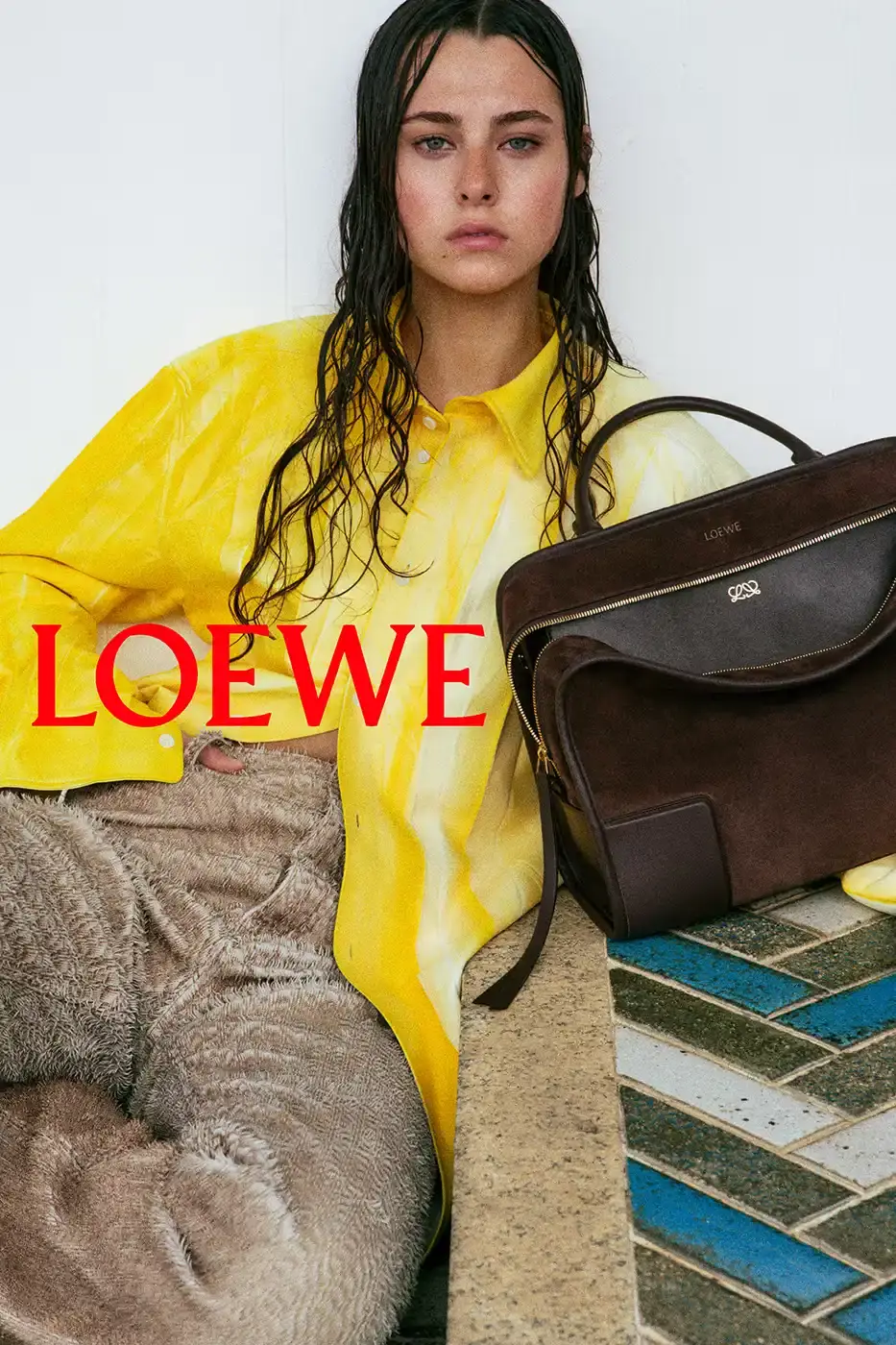 LOEWE SPRING SUMMER 2026 CAMPAIGN GUIDE image detailing the Loewe Spring Summer 2026 fashion campaign. The text describes clothing designs, campaign actors, and release schedules.