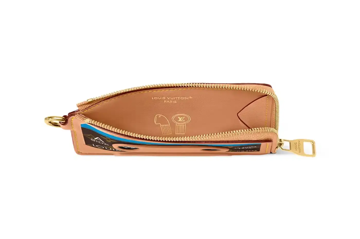 Louis Vuitton Louis Vuitton Spring 2025 accessories collection featuring music technology-inspired luxury items. The image shows an iPod-shaped leather crossbody bag with a display screen showing 'Louis Vuitton Collection Spring 2025' and an LV monogram replacing the scroll wheel. Also visible are a cassette player-styled wallet with embossed control buttons and a cassette tape card holder with 'Side A' and 'Side B' graphics. Gold headphone-shaped zipper pulls complete the nostalgic design. (image 5 of 17)