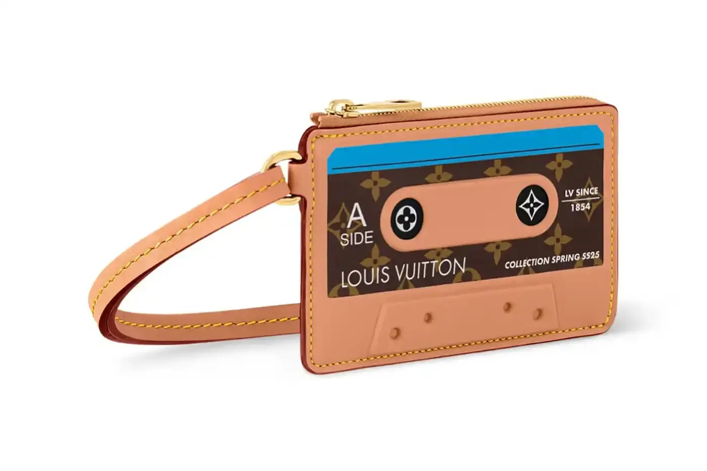 Louis Vuitton Louis Vuitton Spring 2025 accessories collection featuring music technology-inspired luxury items. The image shows an iPod-shaped leather crossbody bag with a display screen showing 'Louis Vuitton Collection Spring 2025' and an LV monogram replacing the scroll wheel. Also visible are a cassette player-styled wallet with embossed control buttons and a cassette tape card holder with 'Side A' and 'Side B' graphics. Gold headphone-shaped zipper pulls complete the nostalgic design. (image 7 of 17)