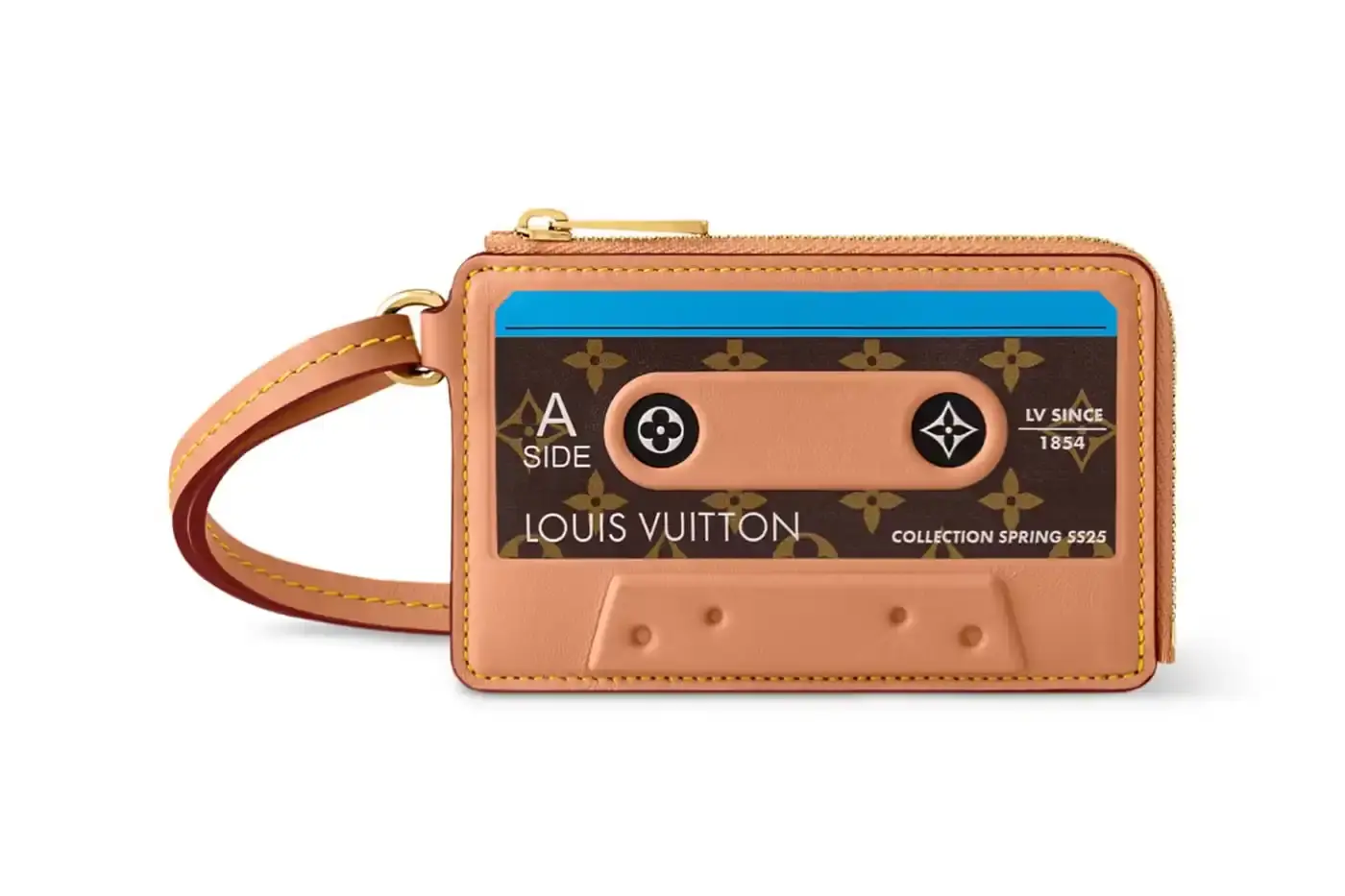 Louis Vuitton Louis Vuitton Spring 2025 accessories collection featuring music technology-inspired luxury items. The image shows an iPod-shaped leather crossbody bag with a display screen showing 'Louis Vuitton Collection Spring 2025' and an LV monogram replacing the scroll wheel. Also visible are a cassette player-styled wallet with embossed control buttons and a cassette tape card holder with 'Side A' and 'Side B' graphics. Gold headphone-shaped zipper pulls complete the nostalgic design. (image 8 of 17)
