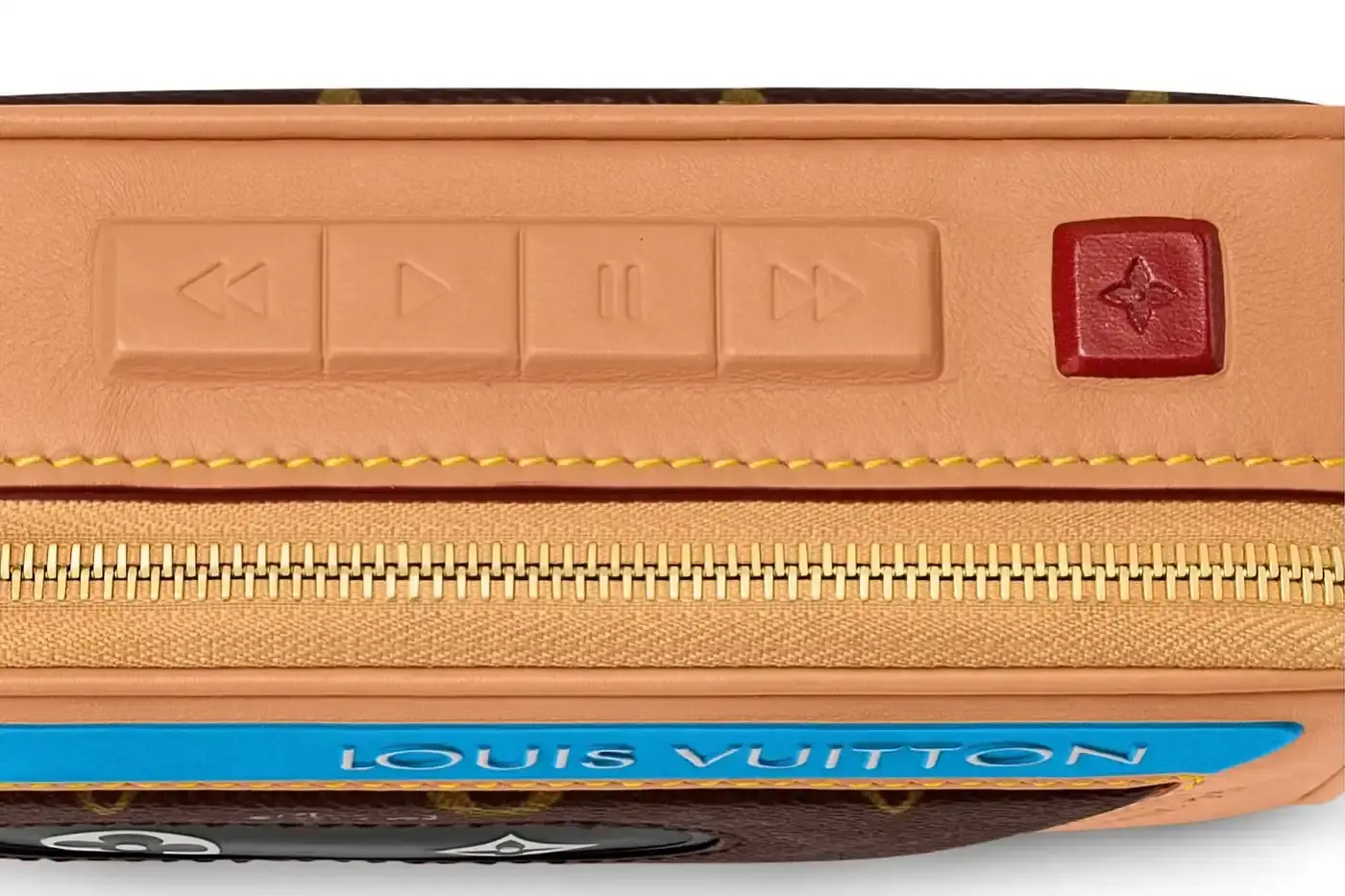 Louis Vuitton Louis Vuitton Spring 2025 accessories collection featuring music technology-inspired luxury items. The image shows an iPod-shaped leather crossbody bag with a display screen showing 'Louis Vuitton Collection Spring 2025' and an LV monogram replacing the scroll wheel. Also visible are a cassette player-styled wallet with embossed control buttons and a cassette tape card holder with 'Side A' and 'Side B' graphics. Gold headphone-shaped zipper pulls complete the nostalgic design. (image 9 of 17)