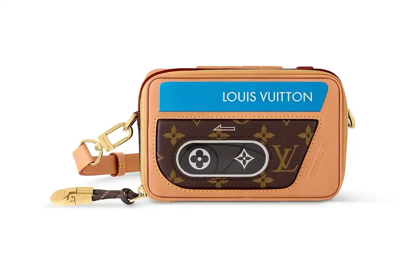Louis Vuitton Louis Vuitton Spring 2025 accessories collection featuring music technology-inspired luxury items. The image shows an iPod-shaped leather crossbody bag with a display screen showing 'Louis Vuitton Collection Spring 2025' and an LV monogram replacing the scroll wheel. Also visible are a cassette player-styled wallet with embossed control buttons and a cassette tape card holder with 'Side A' and 'Side B' graphics. Gold headphone-shaped zipper pulls complete the nostalgic design. (image 12 of 17)