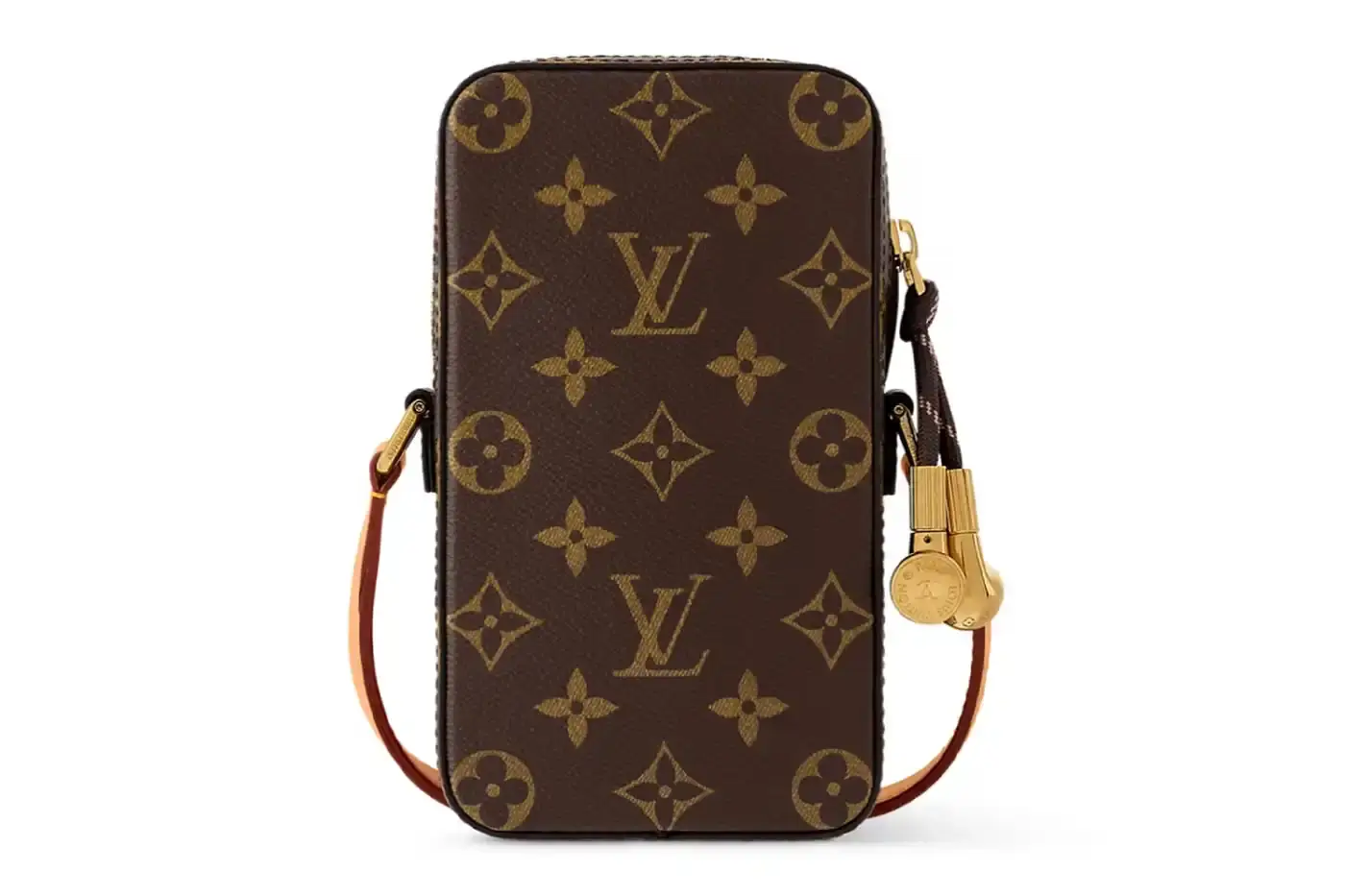 Louis Vuitton Louis Vuitton Spring 2025 accessories collection featuring music technology-inspired luxury items. The image shows an iPod-shaped leather crossbody bag with a display screen showing 'Louis Vuitton Collection Spring 2025' and an LV monogram replacing the scroll wheel. Also visible are a cassette player-styled wallet with embossed control buttons and a cassette tape card holder with 'Side A' and 'Side B' graphics. Gold headphone-shaped zipper pulls complete the nostalgic design. (image 15 of 17)