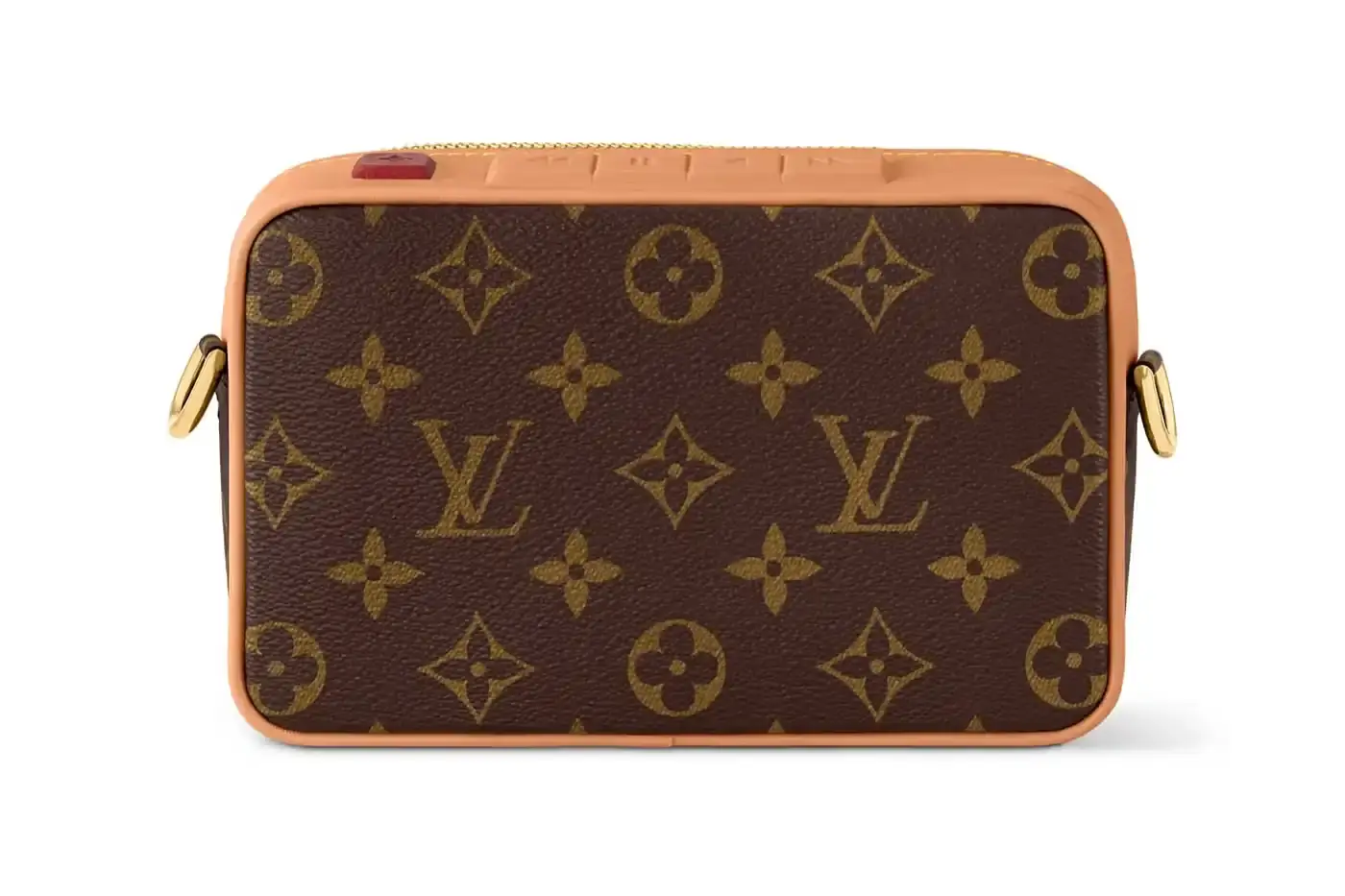 Louis Vuitton Louis Vuitton Spring 2025 accessories collection featuring music technology-inspired luxury items. The image shows an iPod-shaped leather crossbody bag with a display screen showing 'Louis Vuitton Collection Spring 2025' and an LV monogram replacing the scroll wheel. Also visible are a cassette player-styled wallet with embossed control buttons and a cassette tape card holder with 'Side A' and 'Side B' graphics. Gold headphone-shaped zipper pulls complete the nostalgic design. (image 11 of 17)