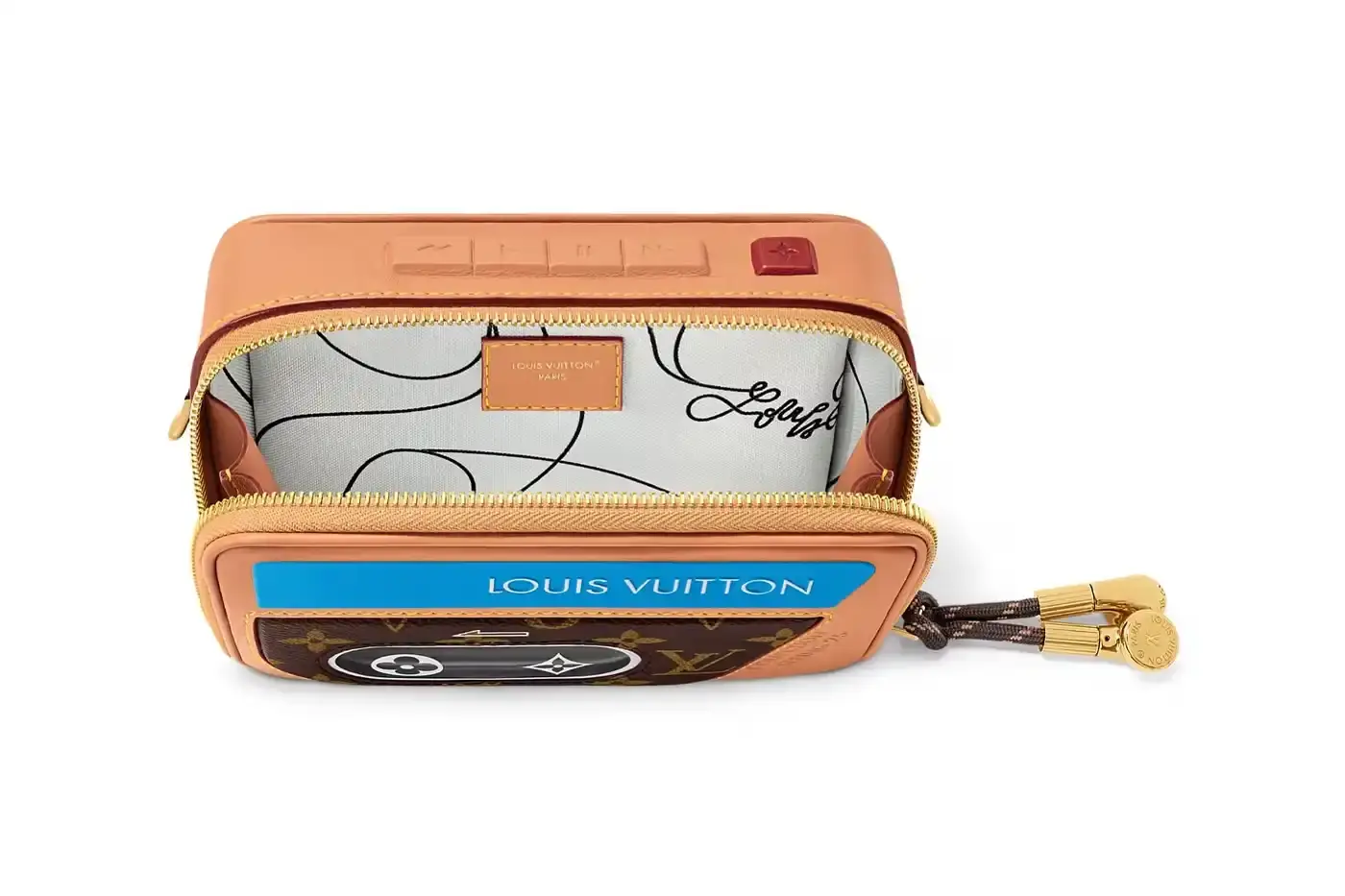Louis Vuitton Louis Vuitton Spring 2025 accessories collection featuring music technology-inspired luxury items. The image shows an iPod-shaped leather crossbody bag with a display screen showing 'Louis Vuitton Collection Spring 2025' and an LV monogram replacing the scroll wheel. Also visible are a cassette player-styled wallet with embossed control buttons and a cassette tape card holder with 'Side A' and 'Side B' graphics. Gold headphone-shaped zipper pulls complete the nostalgic design. (image 10 of 17)