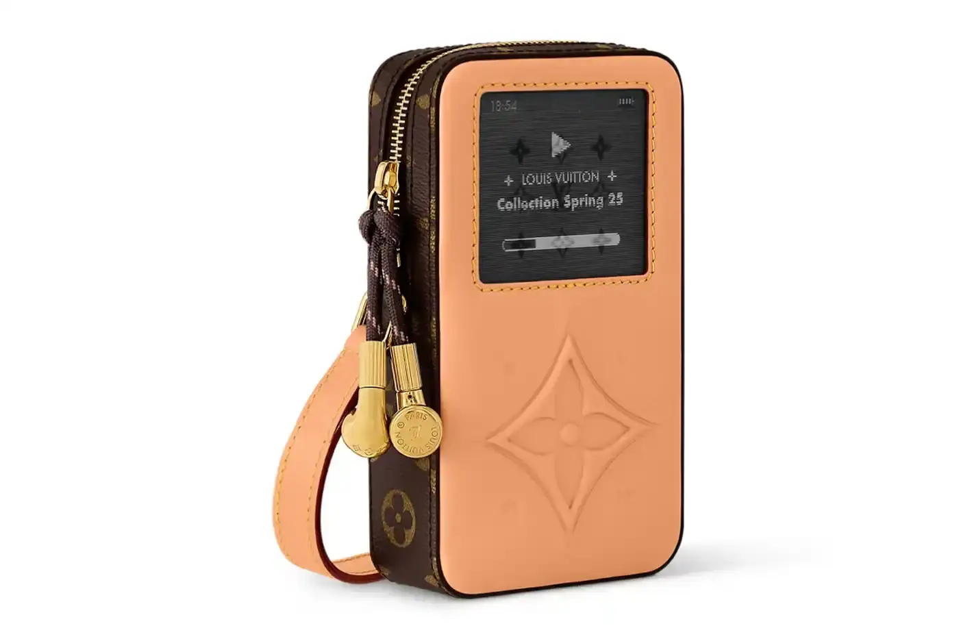 Louis Vuitton Louis Vuitton Spring 2025 accessories collection featuring music technology-inspired luxury items. The image shows an iPod-shaped leather crossbody bag with a display screen showing 'Louis Vuitton Collection Spring 2025' and an LV monogram replacing the scroll wheel. Also visible are a cassette player-styled wallet with embossed control buttons and a cassette tape card holder with 'Side A' and 'Side B' graphics. Gold headphone-shaped zipper pulls complete the nostalgic design. (image 16 of 17)