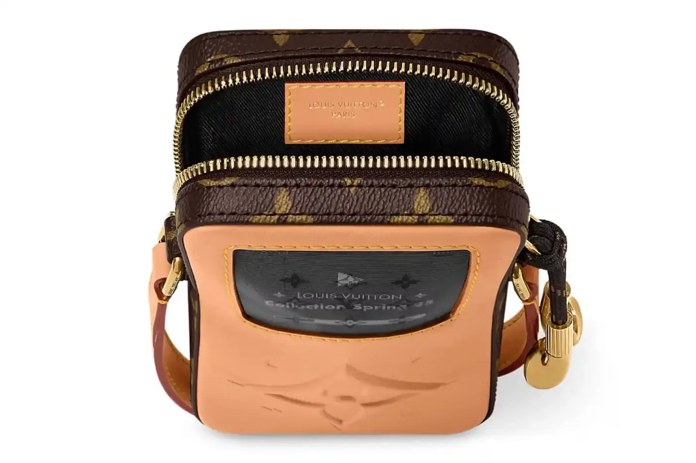 Louis Vuitton Louis Vuitton Spring 2025 accessories collection featuring music technology-inspired luxury items. The image shows an iPod-shaped leather crossbody bag with a display screen showing 'Louis Vuitton Collection Spring 2025' and an LV monogram replacing the scroll wheel. Also visible are a cassette player-styled wallet with embossed control buttons and a cassette tape card holder with 'Side A' and 'Side B' graphics. Gold headphone-shaped zipper pulls complete the nostalgic design. (image 14 of 17)
