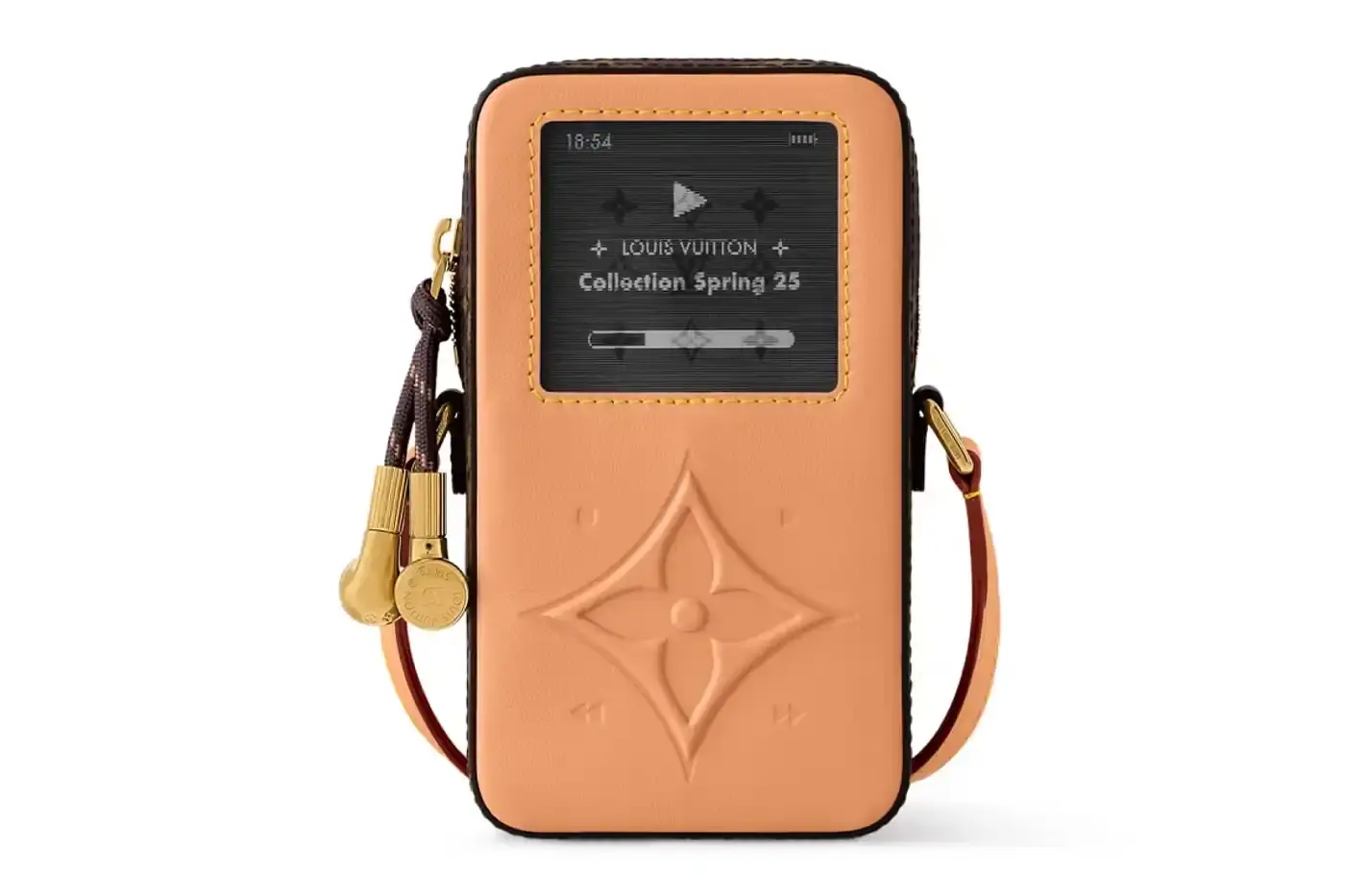 Louis Vuitton Louis Vuitton Spring 2025 accessories collection featuring music technology-inspired luxury items. The image shows an iPod-shaped leather crossbody bag with a display screen showing 'Louis Vuitton Collection Spring 2025' and an LV monogram replacing the scroll wheel. Also visible are a cassette player-styled wallet with embossed control buttons and a cassette tape card holder with 'Side A' and 'Side B' graphics. Gold headphone-shaped zipper pulls complete the nostalgic design. (image 17 of 17)