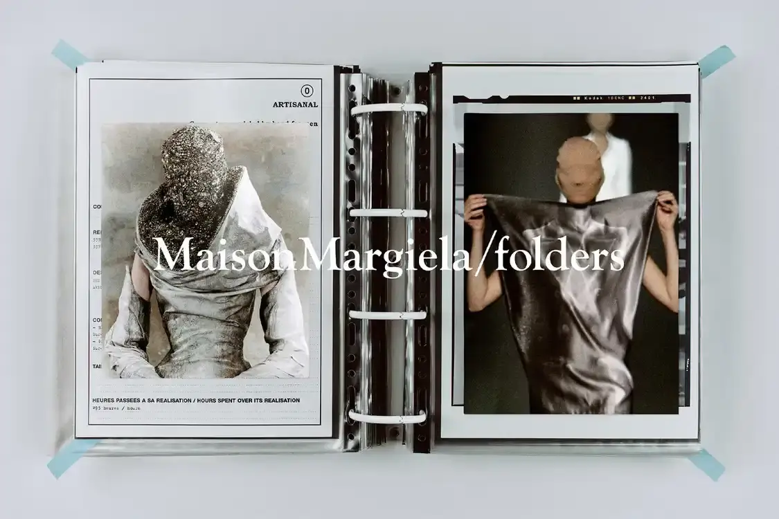 image about Maison Margiela's exhibition series in China covering Artisanal couture, anonymity, Tabi footwear, and Bianchetto technique, plus public digital archive access.
