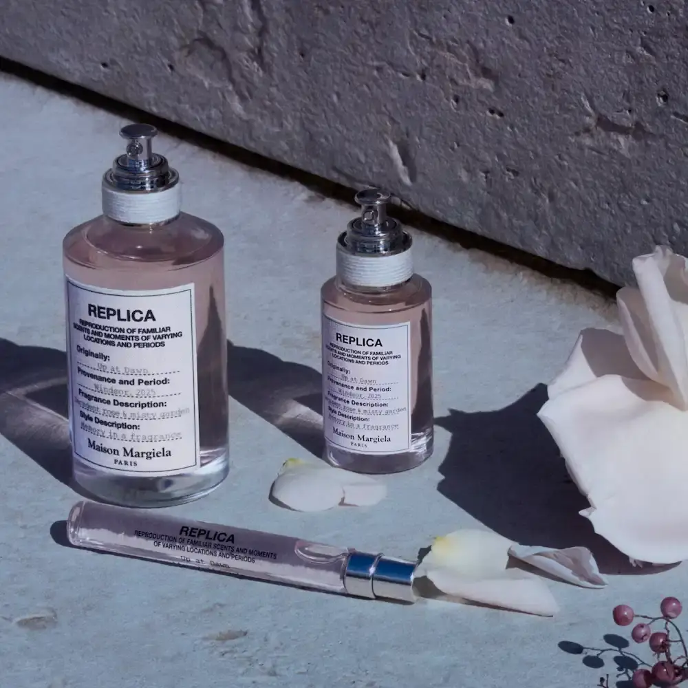 image detailing the new Maison Margiela Replica fragrance named Up At Dawn including olfactory notes and purchasing options.