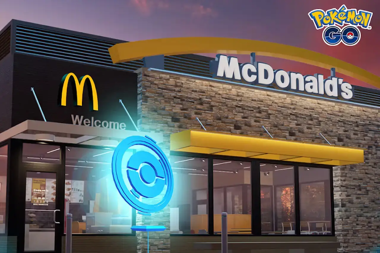 McDonald's restaurant exterior with Pokémon GO logo overlay, showing a smartphone displaying a Pokémon GO game screen with a McDonald's restaurant in the background, highlighting the collaborative gaming event.