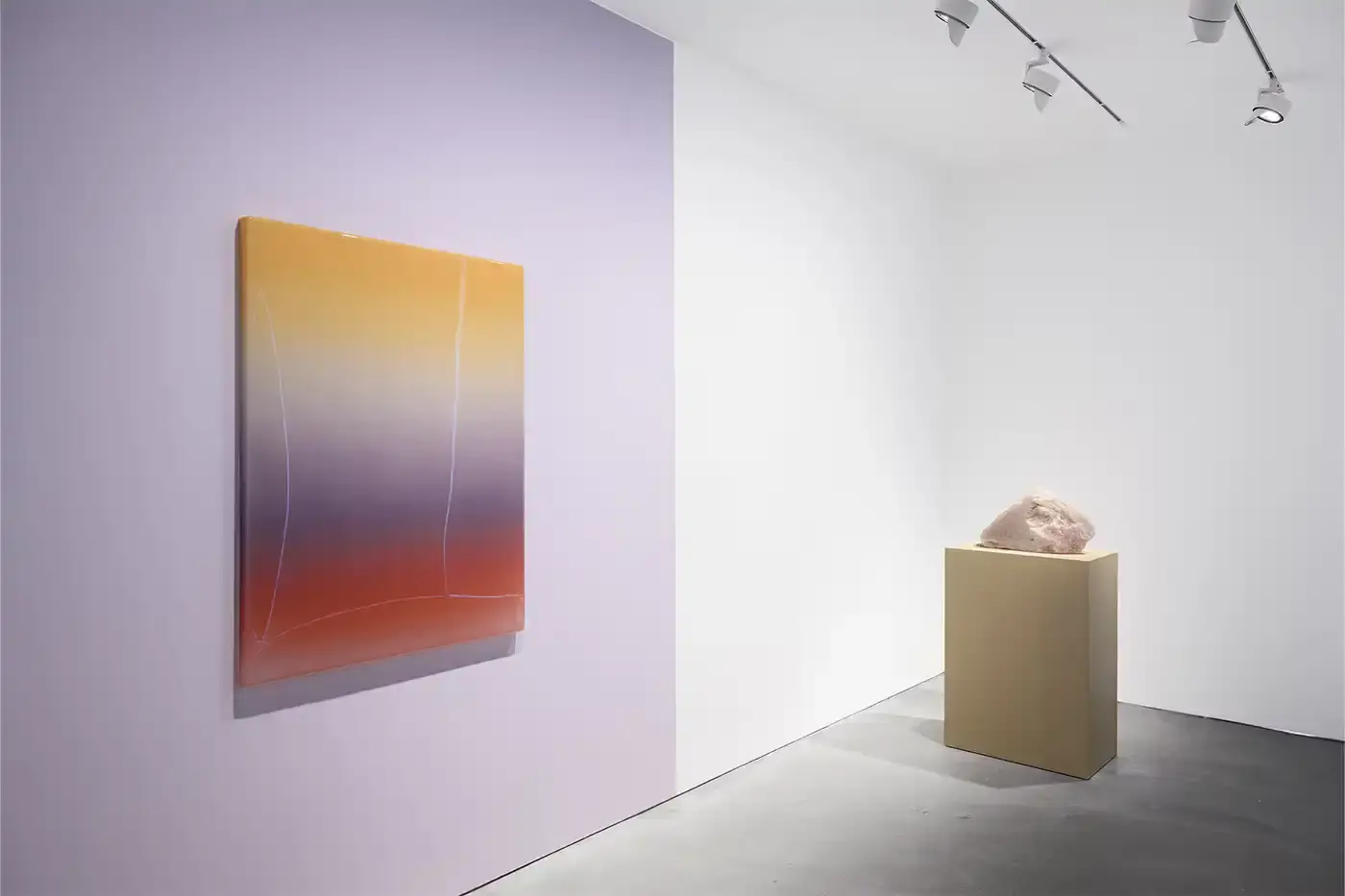 Courtesy Of The Artist and Pace Hong Kong A gallery installation view featuring Mika Tajima's multidisciplinary artwork. Translucent acrylic paintings with gradient pigments, textile spectrograms of brain wave data, and rose quartz and glass sculptures that investigate technological mediation of human experience. (image 6 of 9)