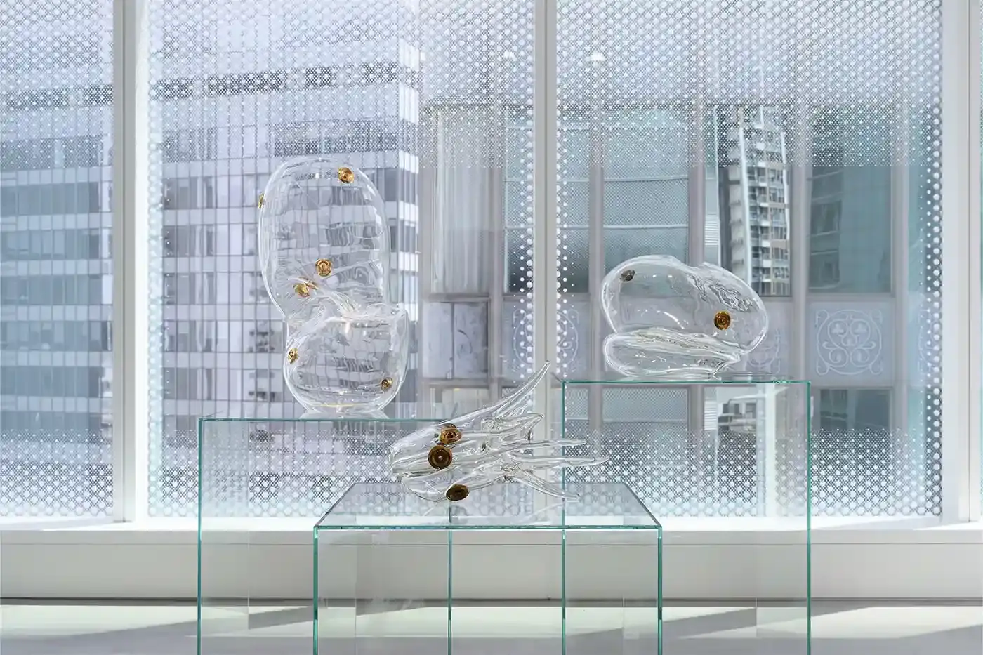 Courtesy Of The Artist and Pace Hong Kong A gallery installation view featuring Mika Tajima's multidisciplinary artwork. Translucent acrylic paintings with gradient pigments, textile spectrograms of brain wave data, and rose quartz and glass sculptures that investigate technological mediation of human experience. (image 9 of 9)