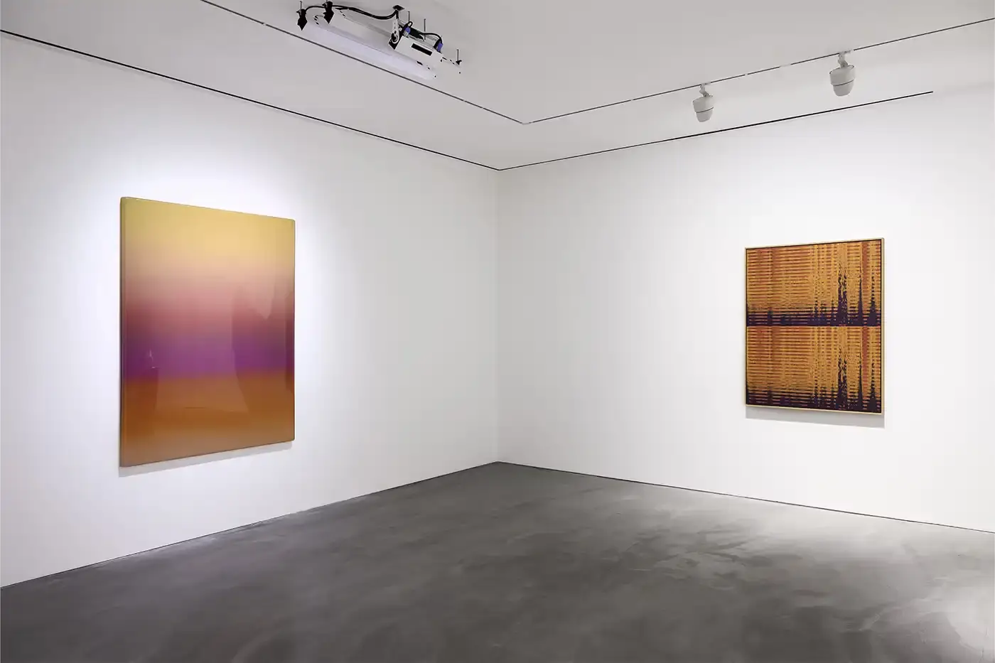 Courtesy Of The Artist and Pace Hong Kong A gallery installation view featuring Mika Tajima's multidisciplinary artwork. Translucent acrylic paintings with gradient pigments, textile spectrograms of brain wave data, and rose quartz and glass sculptures that investigate technological mediation of human experience. (image 7 of 9)