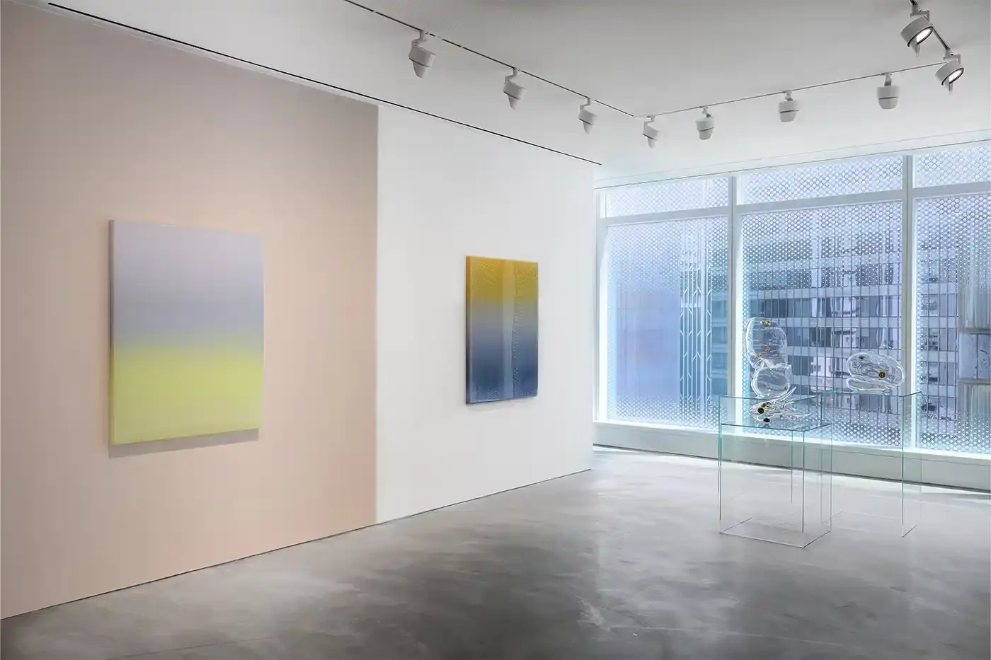 Courtesy Of The Artist and Pace Hong Kong A gallery installation view featuring Mika Tajima's multidisciplinary artwork. Translucent acrylic paintings with gradient pigments, textile spectrograms of brain wave data, and rose quartz and glass sculptures that investigate technological mediation of human experience. (image 2 of 9)