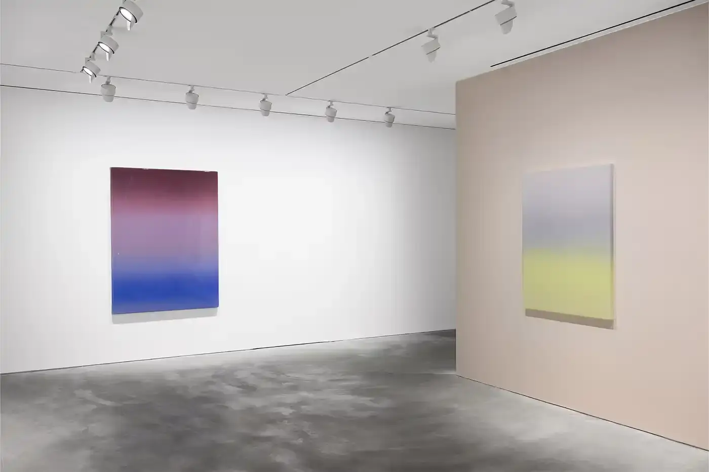 Courtesy Of The Artist and Pace Hong Kong A gallery installation view featuring Mika Tajima's multidisciplinary artwork. Translucent acrylic paintings with gradient pigments, textile spectrograms of brain wave data, and rose quartz and glass sculptures that investigate technological mediation of human experience. (image 4 of 9)