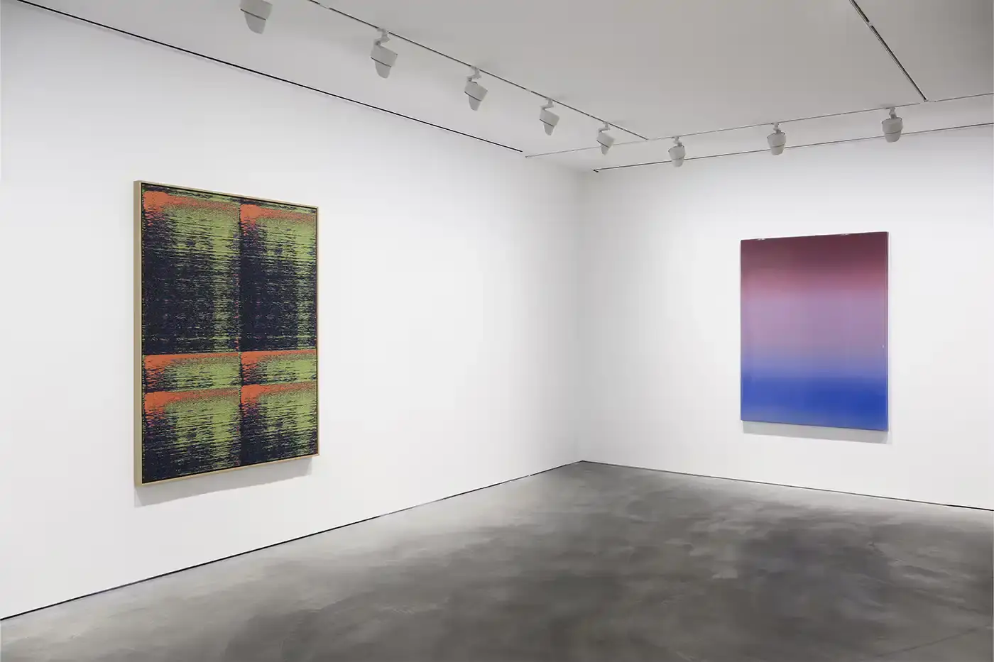 Courtesy Of The Artist and Pace Hong Kong A gallery installation view featuring Mika Tajima's multidisciplinary artwork. Translucent acrylic paintings with gradient pigments, textile spectrograms of brain wave data, and rose quartz and glass sculptures that investigate technological mediation of human experience. (image 5 of 9)