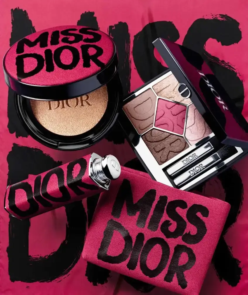 MISS DIOR LAUNCHES PINK-FOCUSED AUTUMN COLLECTION image about Dior's new makeup collection featuring three color-themed product lines designed by Peter Philips. Includes details about formulas, packaging, and campaign models for the autumn 2025 Miss Dior release. (image 5 of 6)