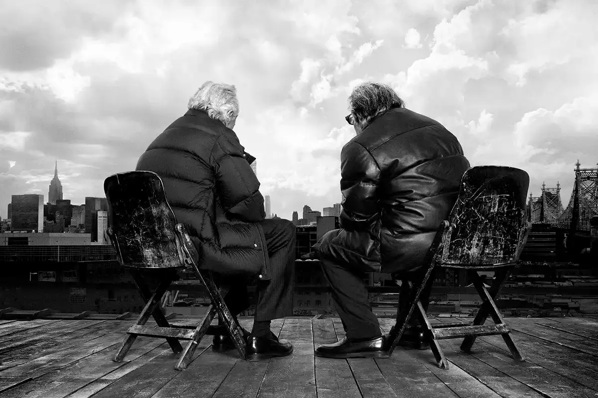MONCLER AD CAMPAIGN REUNITES DE NIRO AND PACINO Black and white portraits of actors Al Pacino and Robert De Niro wearing Moncler outerwear for the Warmer Together campaign. (image 4 of 9)