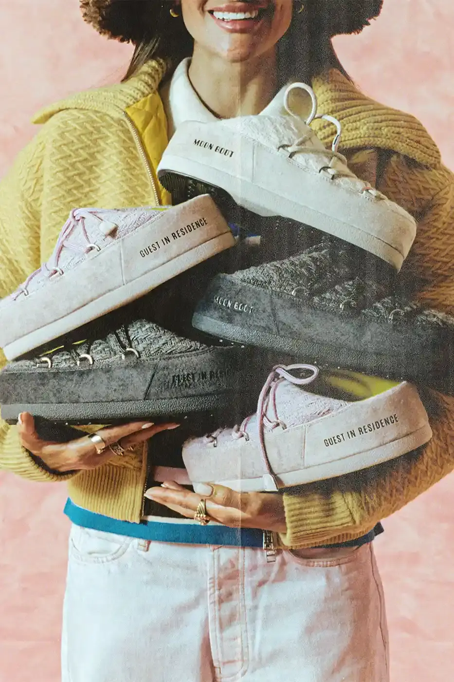 MOON BOOT AND GUEST IN RESIDENCE DROP WINTER 2025 COLLECTION Fashion collaboration between Moon Boot and Guest in Residence by Gigi Hadid introduces 16 winter boot styles with landscape prints, alpaca wool blends, and bead charm details. (image 13 of 15)