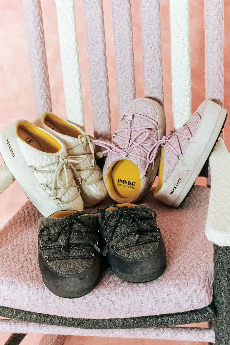 MOON BOOT AND GUEST IN RESIDENCE DROP WINTER 2025 COLLECTION Fashion collaboration between Moon Boot and Guest in Residence by Gigi Hadid introduces 16 winter boot styles with landscape prints, alpaca wool blends, and bead charm details. (image 12 of 15)