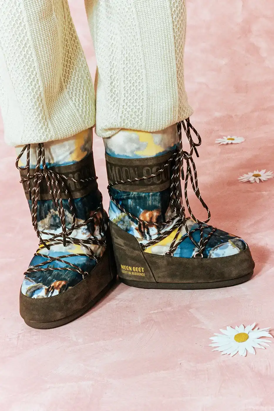 MOON BOOT AND GUEST IN RESIDENCE DROP WINTER 2025 COLLECTION Fashion collaboration between Moon Boot and Guest in Residence by Gigi Hadid introduces 16 winter boot styles with landscape prints, alpaca wool blends, and bead charm details. (image 6 of 15)