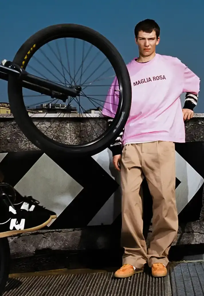MSGM SS26 TAKES CUES FROM STREET CYCLING image about fashion designer Massimo Giorgetti's Spring/Summer 2026 collection for MSGM brand, inspired by cycling culture and featuring collaboration with Milan cyclists. (image 17 of 34)