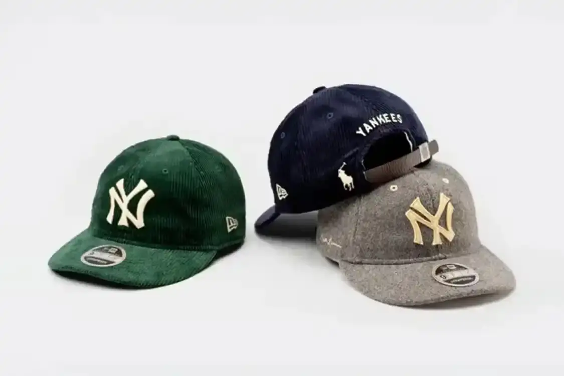 NEW ERA, RALPH LAUREN, MLB LAUNCH TRIPLE-BRAND CAPS Three baseball caps from New Era, Polo Ralph Lauren, and MLB feature retro designs with Cooperstown logos, cotton and corduron construction, and leather straps.