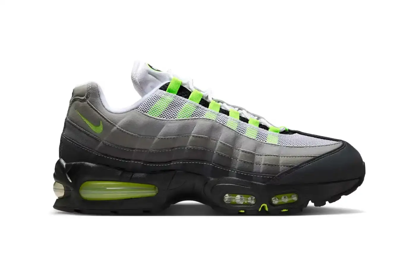 NIKE'S ORIGINAL NEON AIR MAX 95 RETURNS THIS APRIL This article announces the return of Nike's Air Max 95 "Neon" sneakers for their 30th anniversary. It details the April 18, 2025 release date, $185 USD price point, and describes the classic Black/Neon Yellow-Cool Grey colorway with its human anatomy-inspired gradient design. The article explains the distinctive neon green accents on the eyelets, mudguard, Air unit, mini Swoosh, and tongue branding, noting its historical significance in athletic footwear. (image 2 of 7)