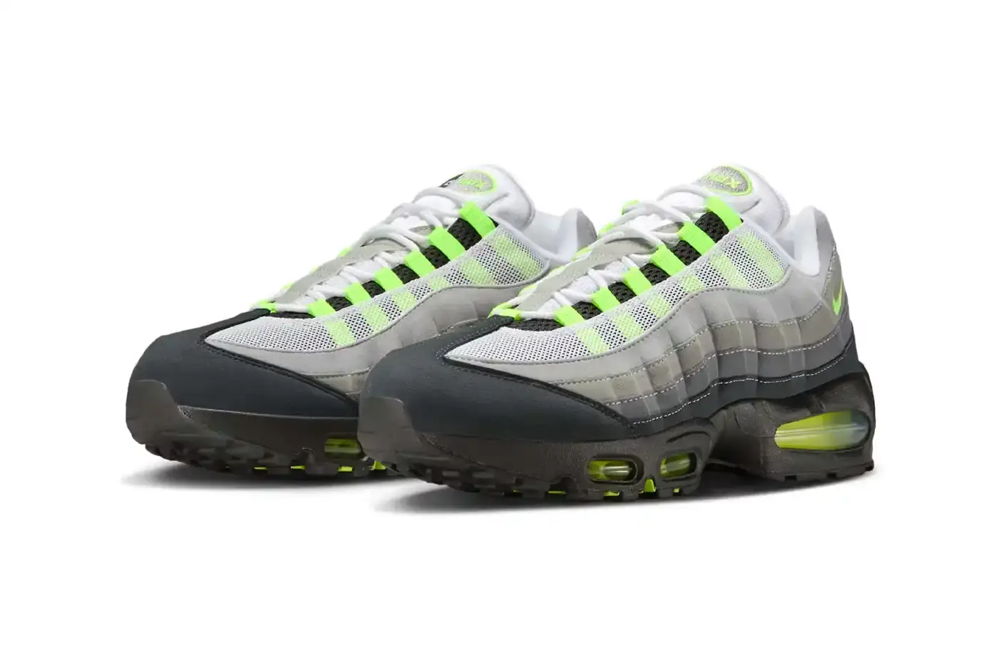NIKE'S ORIGINAL NEON AIR MAX 95 RETURNS THIS APRIL This article announces the return of Nike's Air Max 95 "Neon" sneakers for their 30th anniversary. It details the April 18, 2025 release date, $185 USD price point, and describes the classic Black/Neon Yellow-Cool Grey colorway with its human anatomy-inspired gradient design. The article explains the distinctive neon green accents on the eyelets, mudguard, Air unit, mini Swoosh, and tongue branding, noting its historical significance in athletic footwear. (image 3 of 7)